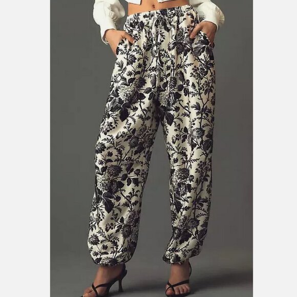 Anthropologie Maeve XL NWT Silky Parachute Pants Floral Black New Women's